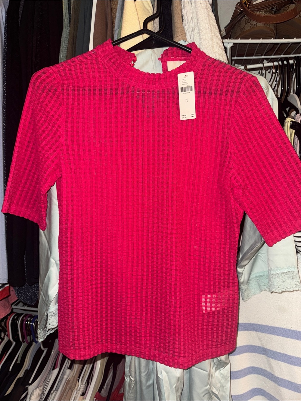 NWT MAEVE Bright Reddish Pink Textured Short-Sleeve Top